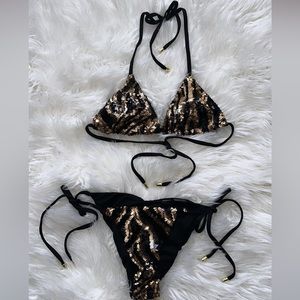 Beach Bunny SwimWear Siren Sequinned Bikini - Black and Gold